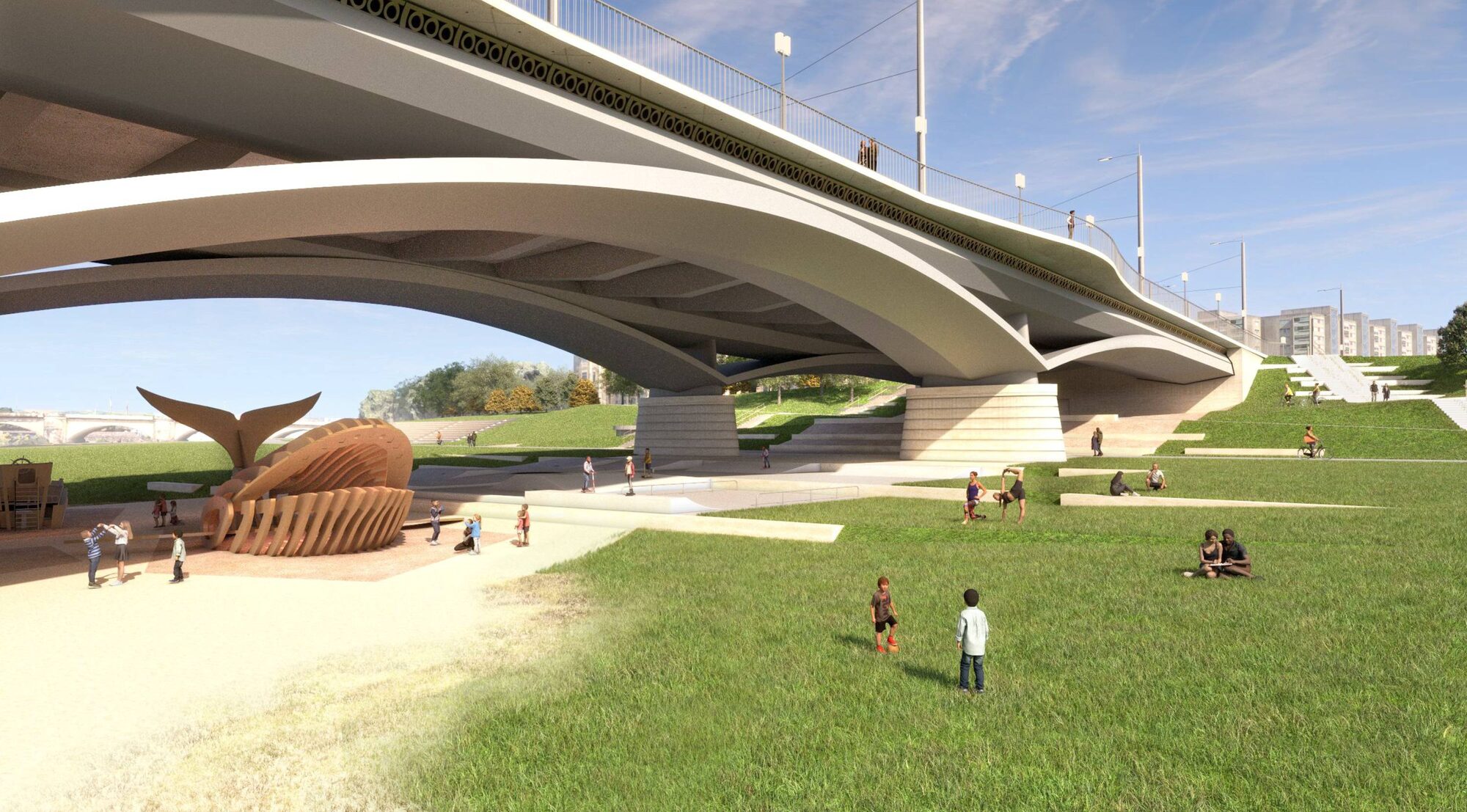Spielen und Skaten unter der Brücke am Neustädter Ufer — Holzskulptur und Familien